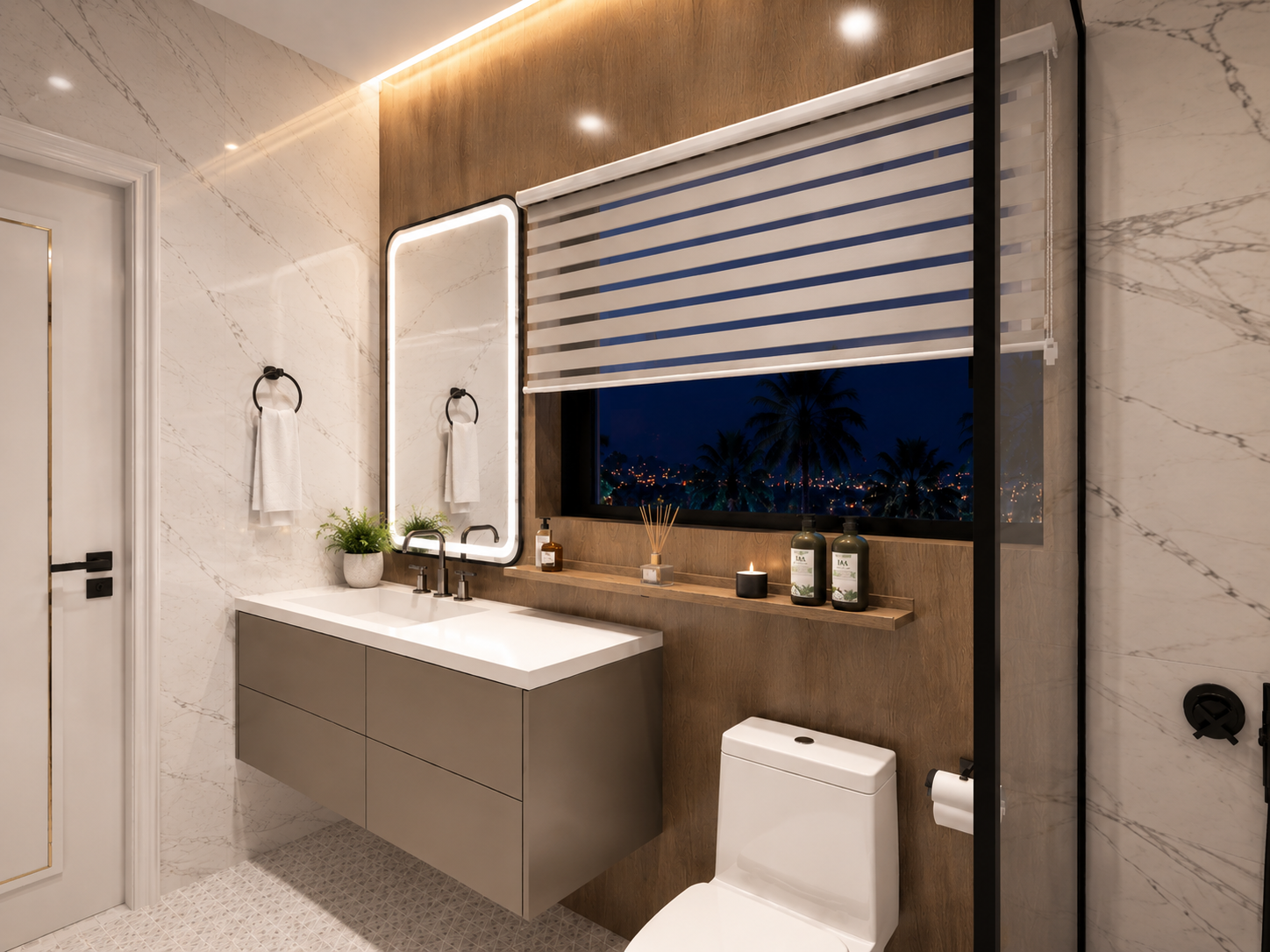 The Summit penthouse bathroom sink and toilet, night